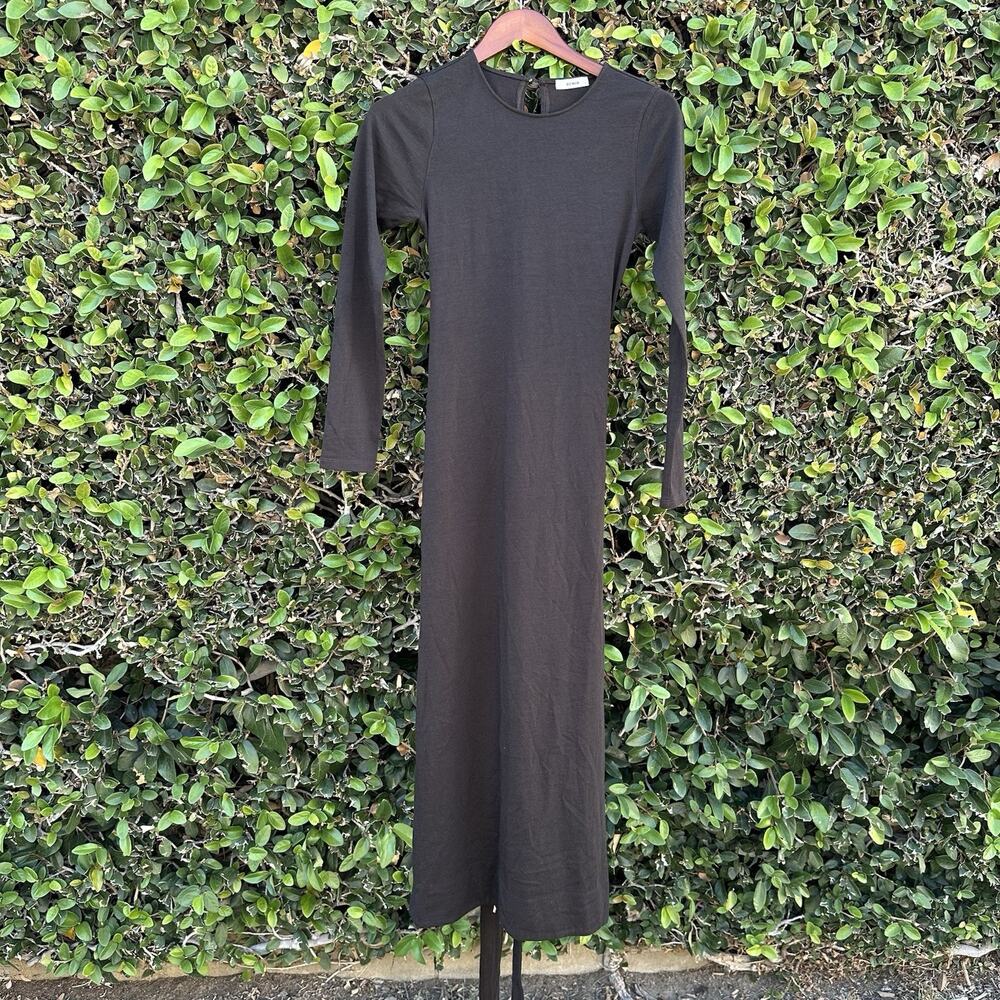 Buck Mason Maxi Dress Womens S Brown Wool Cotton Blend Long Sleeve Waist Tie